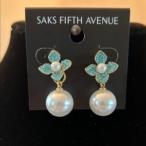 Saks Fifth Avenue Gold and Teal Floral Pearl Earrings